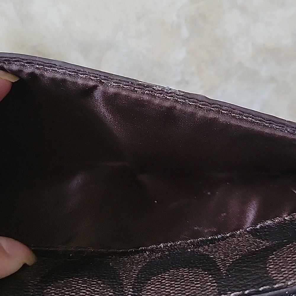 Coach Signature Canvas Zip Around Long Wallet Brown Tan Gold Hardware Oval Logo